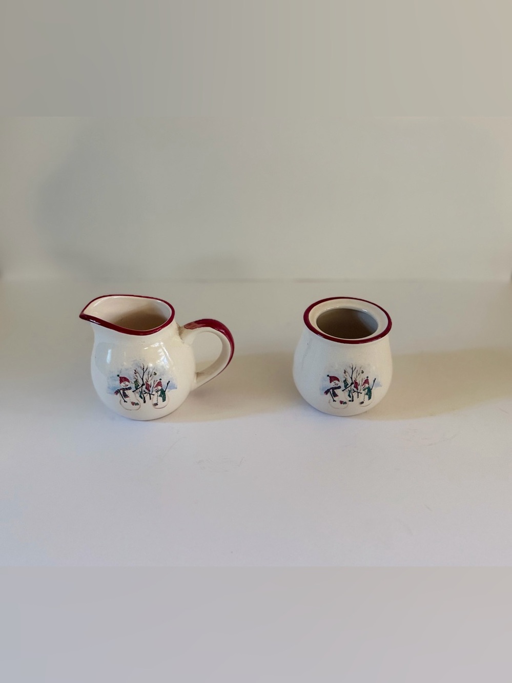 Royal Seasons Stoneware Snowman Creamer & Sugar Set White/Red Rim Microwave Safe